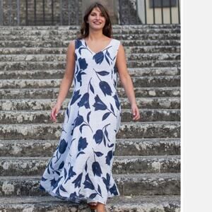 Luca Vanucci Tulips V-Neck Linen Dress Navy Scoop Neck Sleeveless Size Large